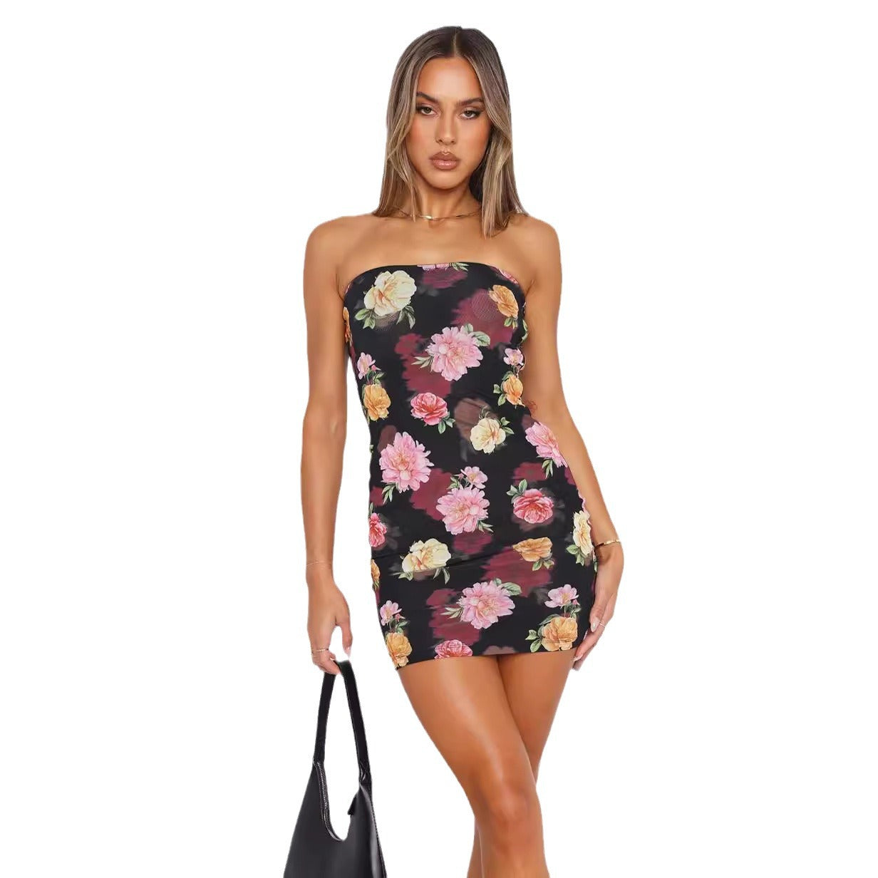 Floral Print Strapless Bodycon Mini Dress with Ruched Detail