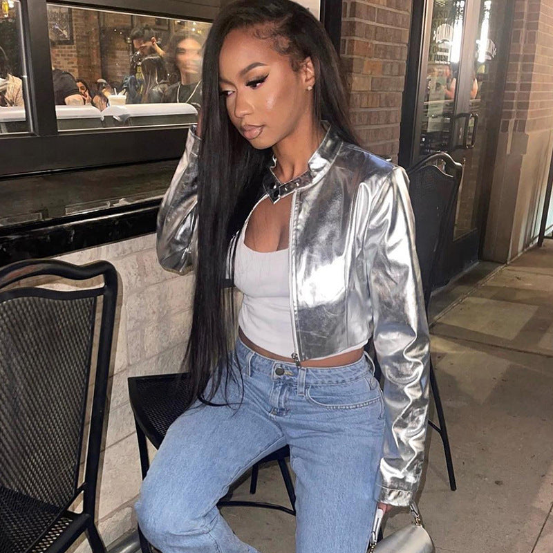 Cropped Metallic Faux Leather Jacket with Stand Collar