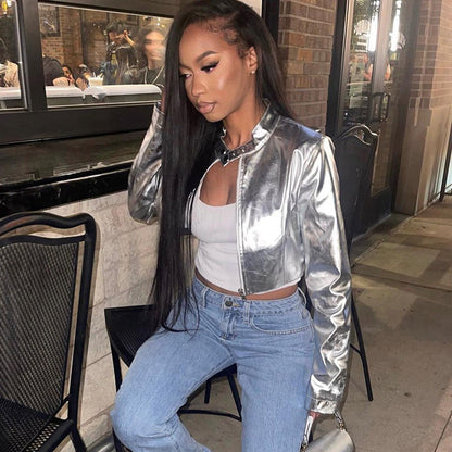 Cropped Metallic Faux Leather Jacket with Stand Collar
