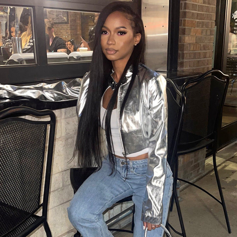 Cropped Metallic Faux Leather Jacket with Stand Collar