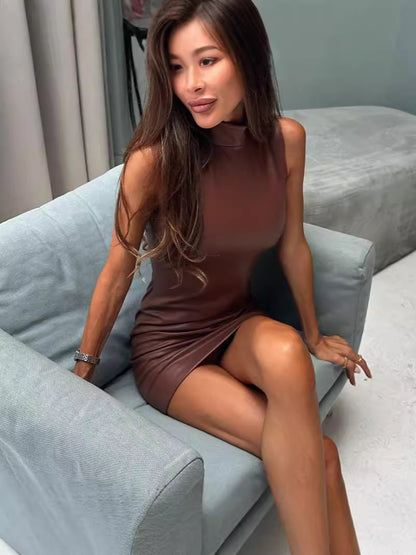 Sleeveless PU Leather Bodycon Mini Dress with High Collar