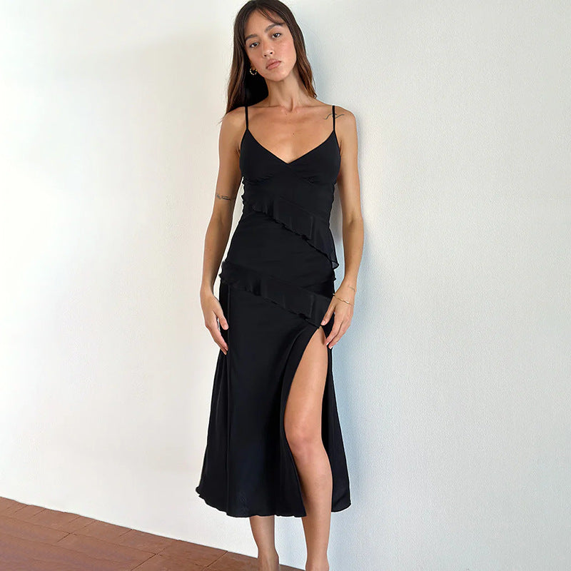 Ruffled V-Neck Midi Dress with High Side Split