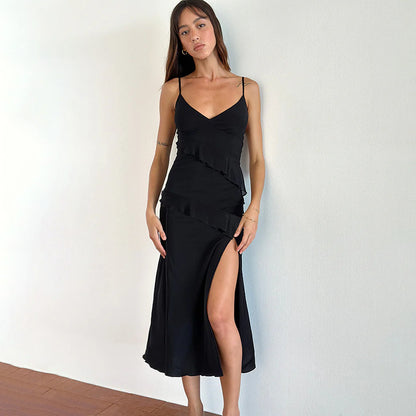 Ruffled V-Neck Midi Dress with High Side Split