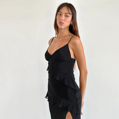 Ruffled V-Neck Midi Dress with High Side Split