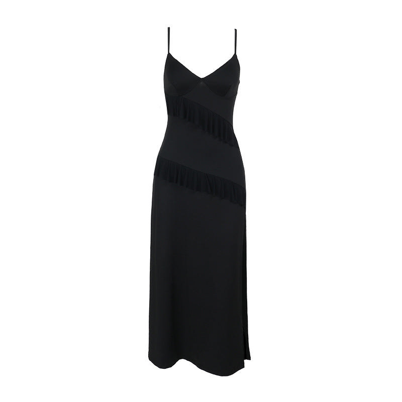 Ruffled V-Neck Midi Dress with High Side Split