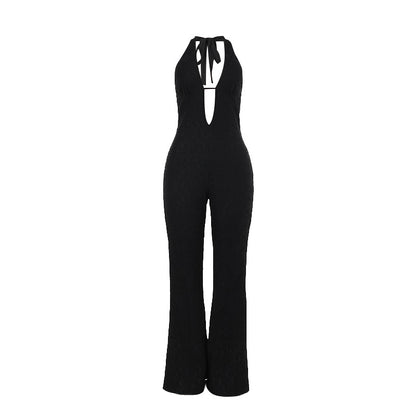 Lace Halter Jumpsuit with Plunging V-Neck and Straight Leg