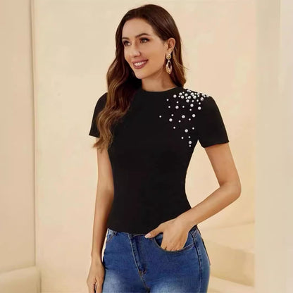 Slim Fit Crewneck T-Shirt with Pearl Beaded Shoulder