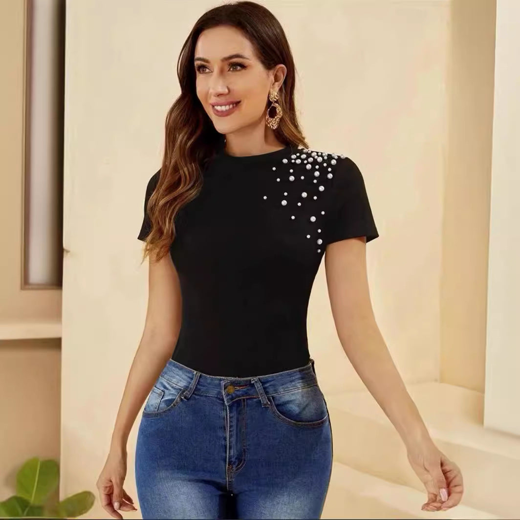 Slim Fit Crewneck T-Shirt with Pearl Beaded Shoulder