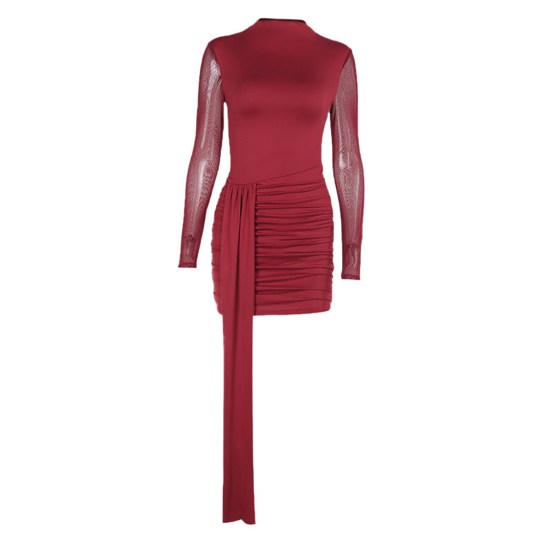 Ruched Bodycon Mini Dress with Mesh Sleeves and Side Drape