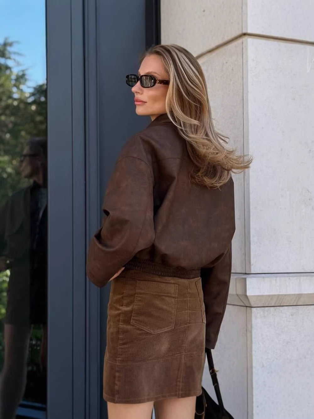 Loose Faux Leather Pilot Jacket with Batwing Sleeves
