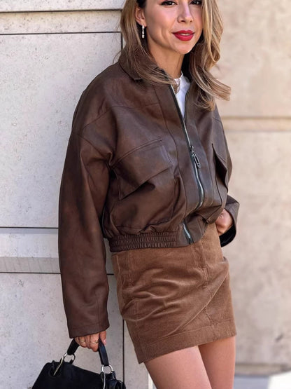 Loose Faux Leather Pilot Jacket with Batwing Sleeves