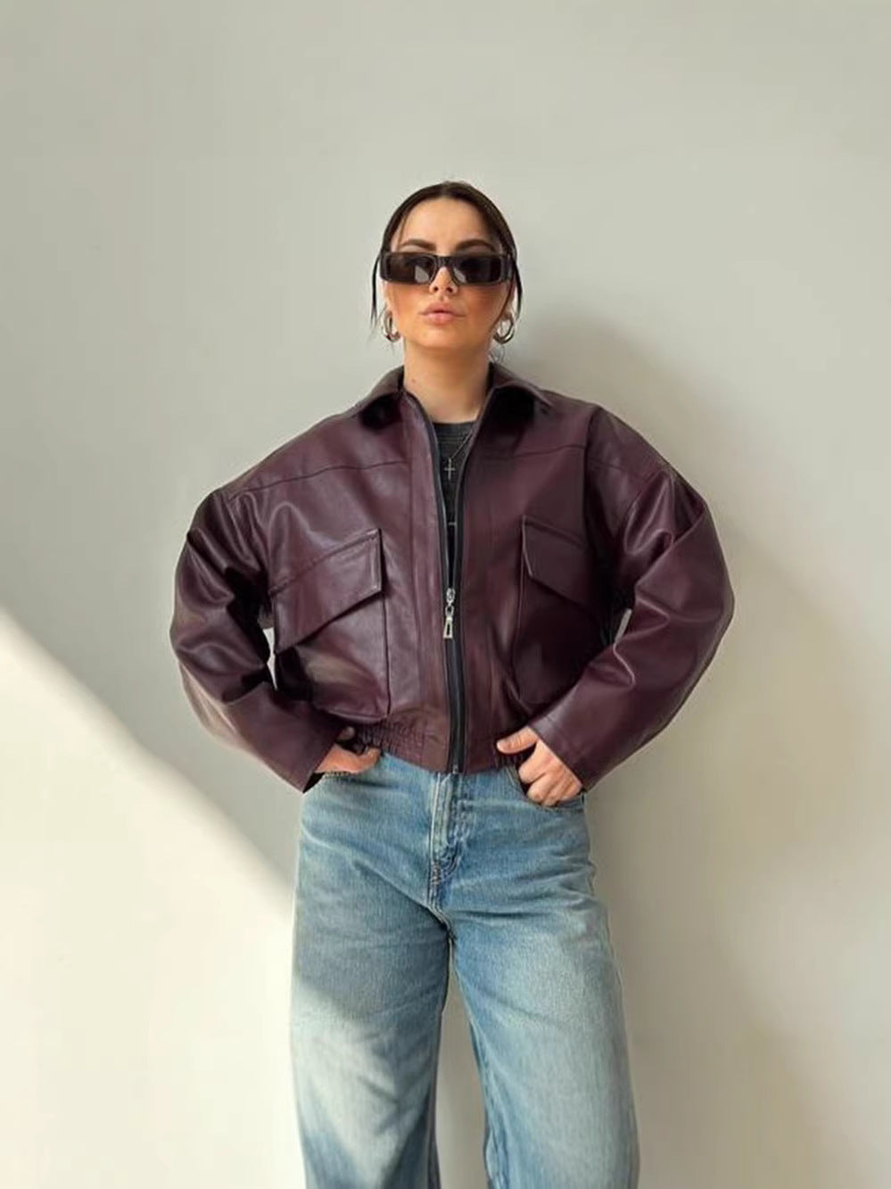 Loose Faux Leather Pilot Jacket with Batwing Sleeves