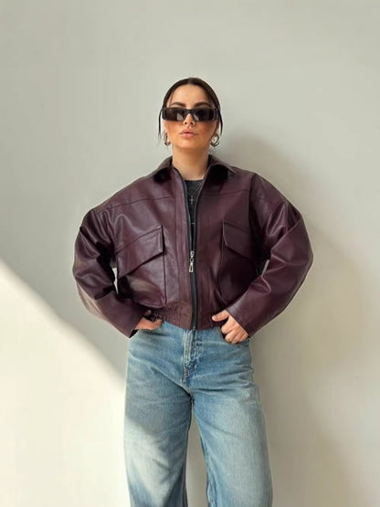 Loose Faux Leather Pilot Jacket with Batwing Sleeves