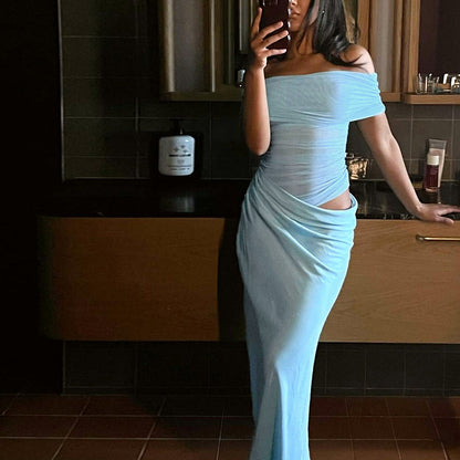 Off-the-Shoulder Ruched Maxi Dress with Waist Cutout