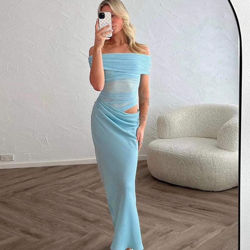Off-the-Shoulder Ruched Maxi Dress with Waist Cutout
