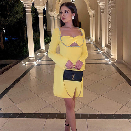 Bodycon Mini Dress with Square Neck and Rhinestone Trim