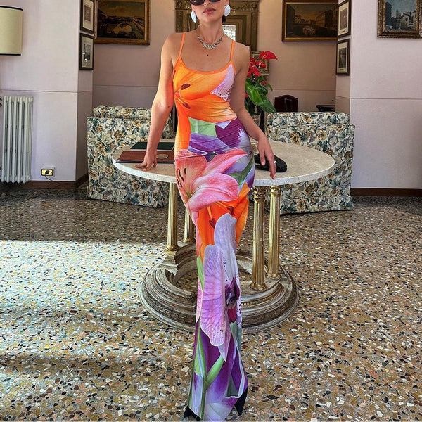 Floral Print Bodycon Maxi Dress with U-Neckline