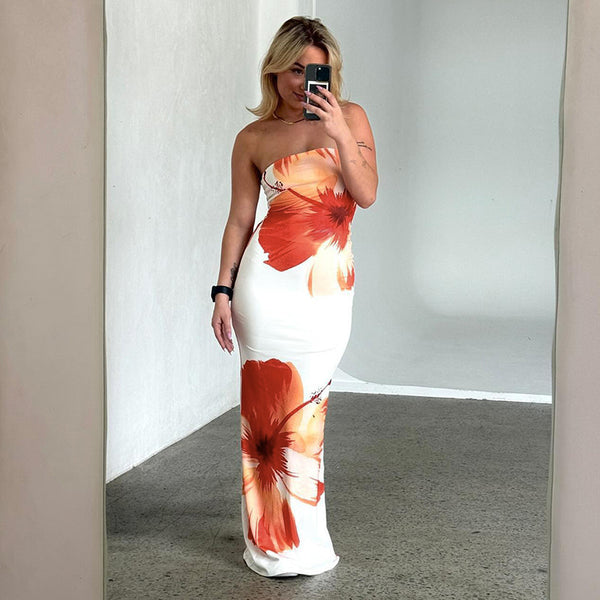 Hibiscus Print Strapless Bodycon Maxi Dress