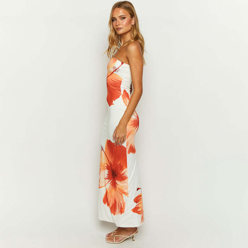 Hibiscus Print Strapless Bodycon Maxi Dress