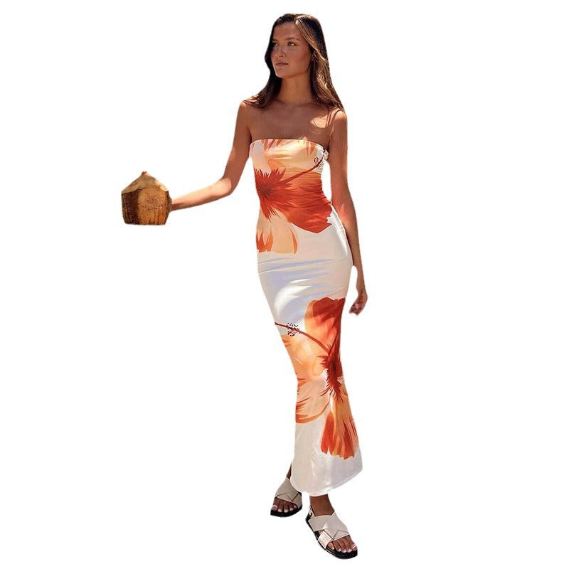 Hibiscus Print Strapless Bodycon Maxi Dress