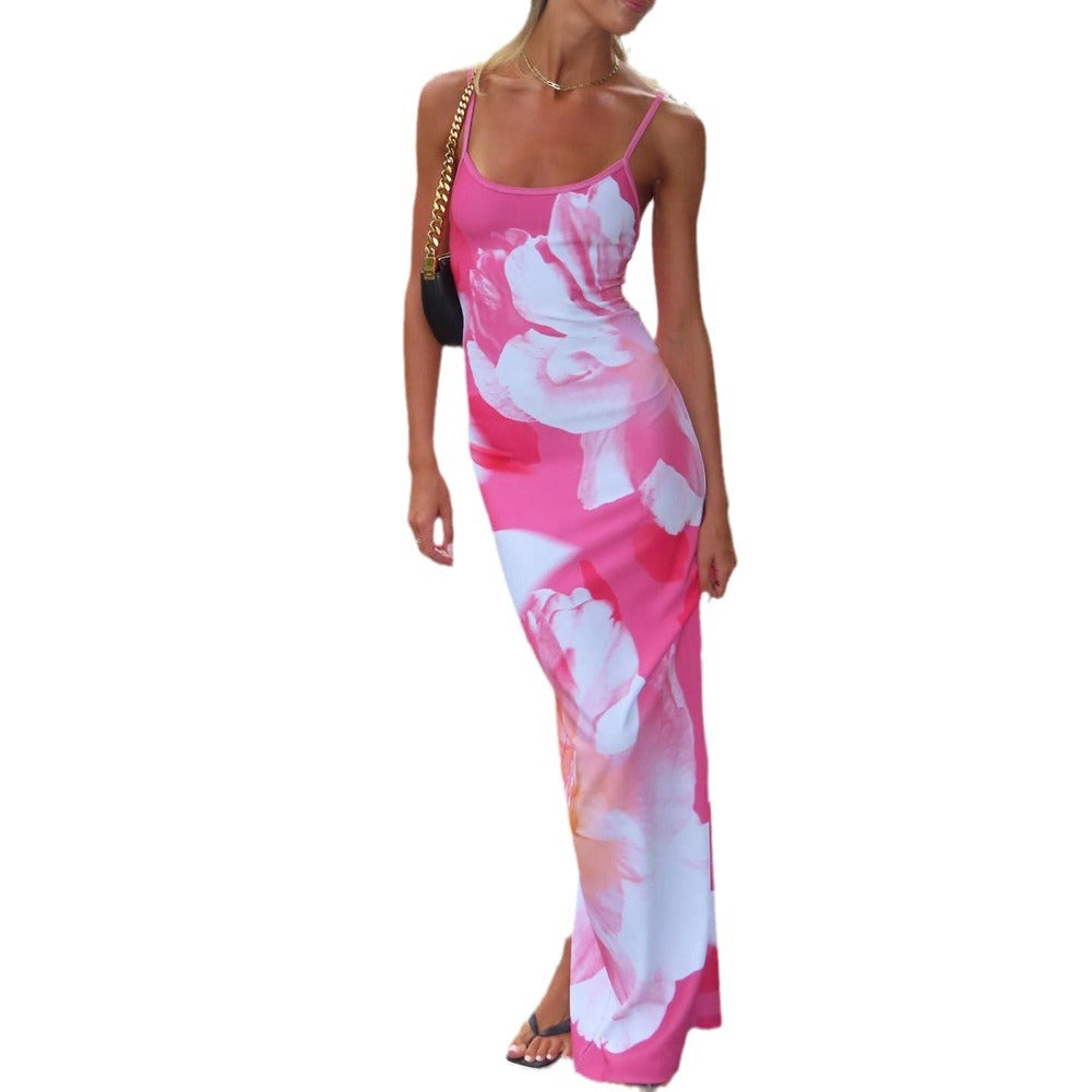 Floral Print Bodycon Maxi Dress with U-Neckline