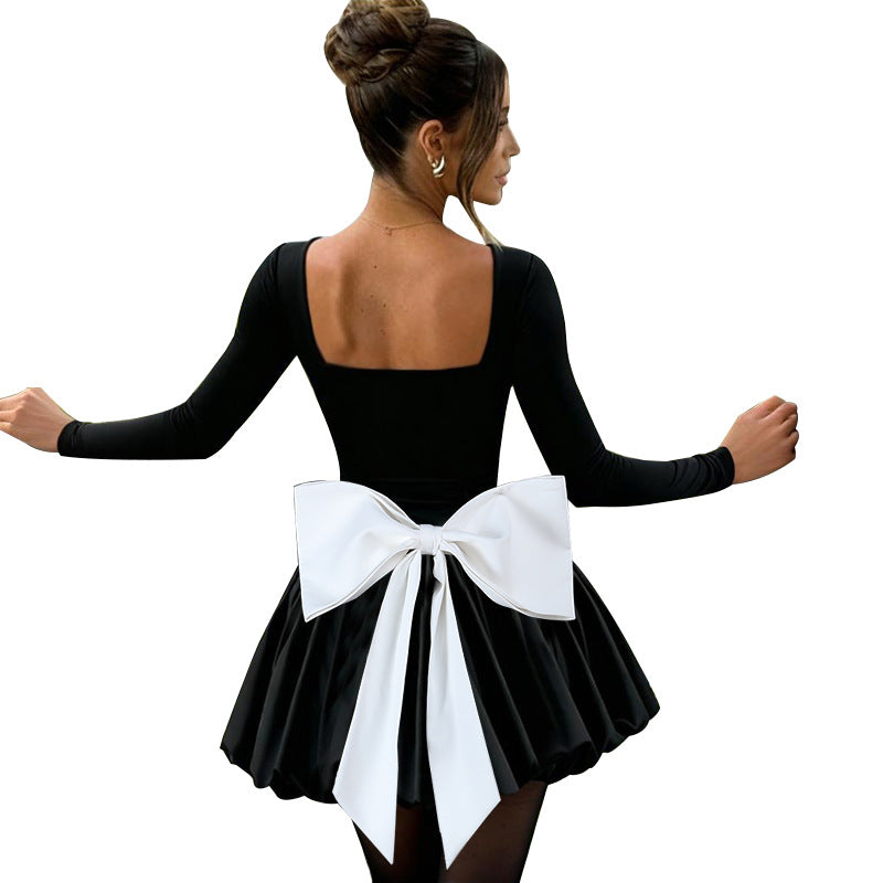 Square Neck Bubble Mini Dress with Contrast Back Bow