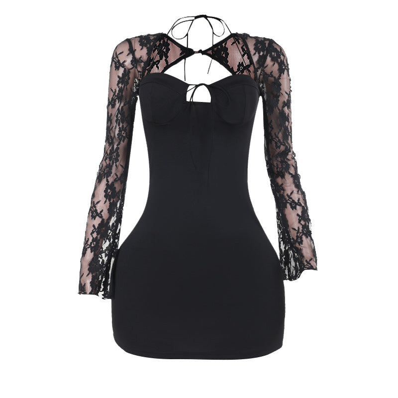 Bodycon Mini Dress with Floral Lace Sleeves and Lace-Up Back