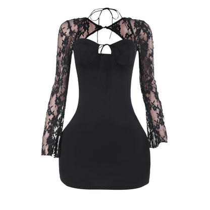 Bodycon Mini Dress with Floral Lace Sleeves and Lace-Up Back