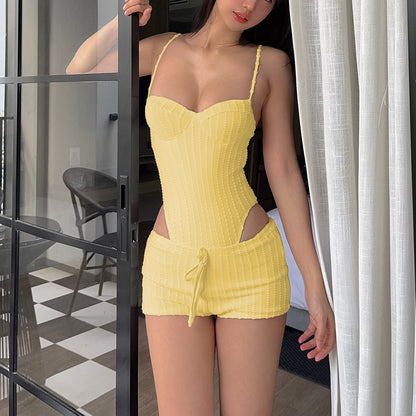 Striped Jacquard Two-Piece Set with High-Cut Bodysuit and Shorts