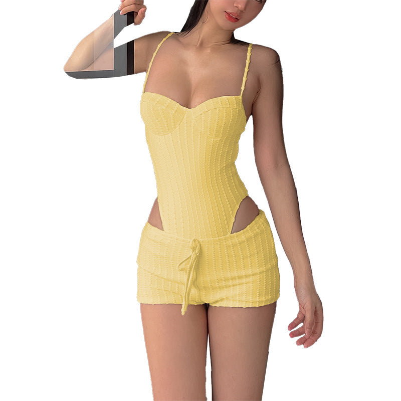 Striped Jacquard Two-Piece Set with High-Cut Bodysuit and Shorts