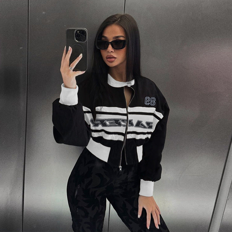 Letter Print Bomber Jacket with Contrast Panels and Stand Collar