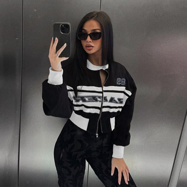 Letter Print Bomber Jacket with Contrast Panels and Stand Collar