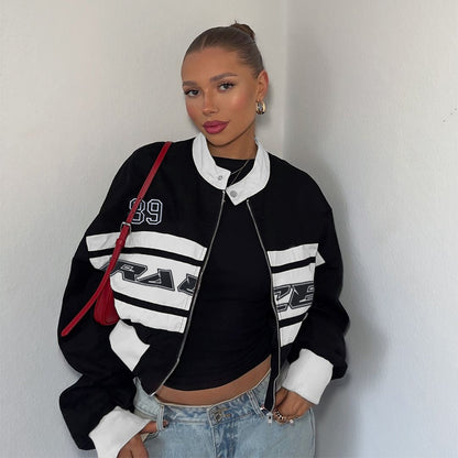 Letter Print Bomber Jacket with Contrast Panels and Stand Collar