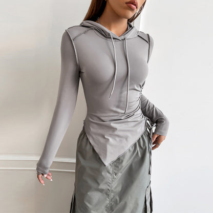 Bodycon Long Sleeve Hoodie with Side Ruching and Irregular Hem