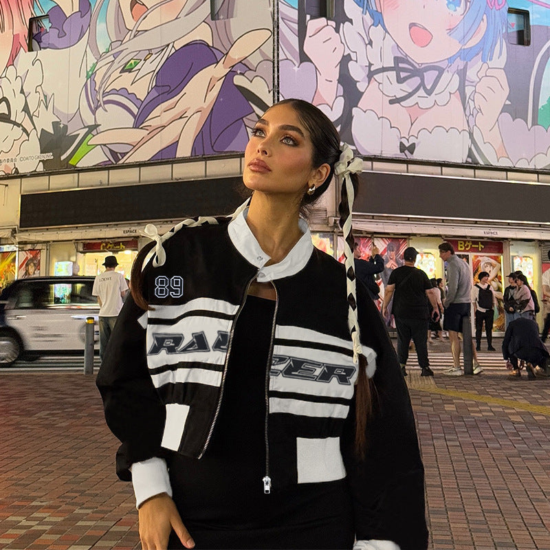 Letter Print Bomber Jacket with Contrast Panels and Stand Collar