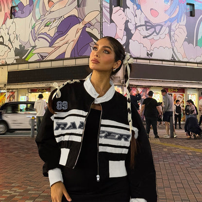 Letter Print Bomber Jacket with Contrast Panels and Stand Collar