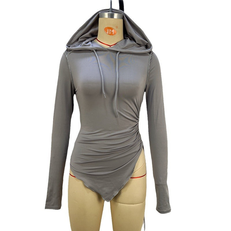 Bodycon Long Sleeve Hoodie with Side Ruching and Irregular Hem