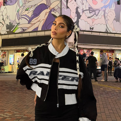 Letter Print Bomber Jacket with Contrast Panels and Stand Collar