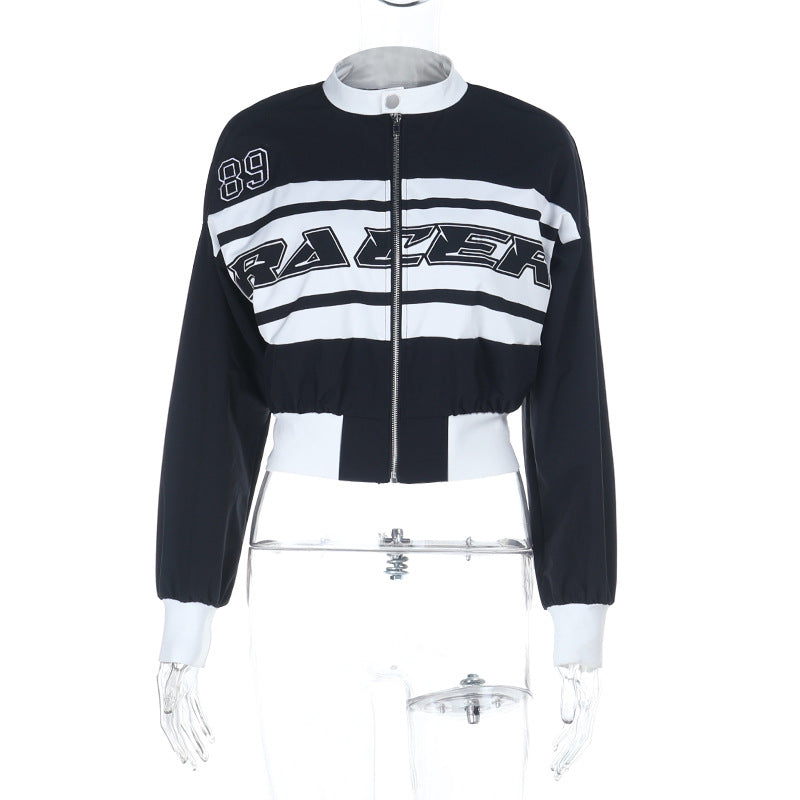 Letter Print Bomber Jacket with Contrast Panels and Stand Collar