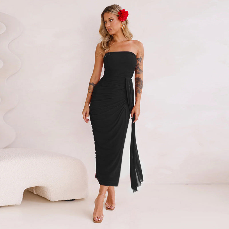 Strapless Ruched Bodycon Maxi Dress with Side Drape