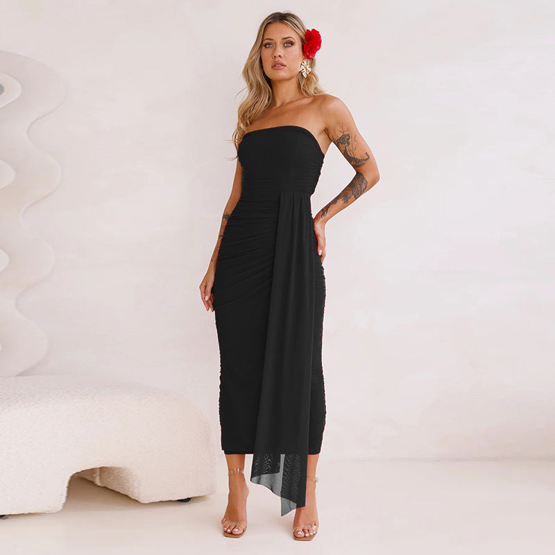 Strapless Ruched Bodycon Maxi Dress with Side Drape