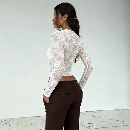 Cropped Floral Lace Top with V-Neck and Scalloped Edges
