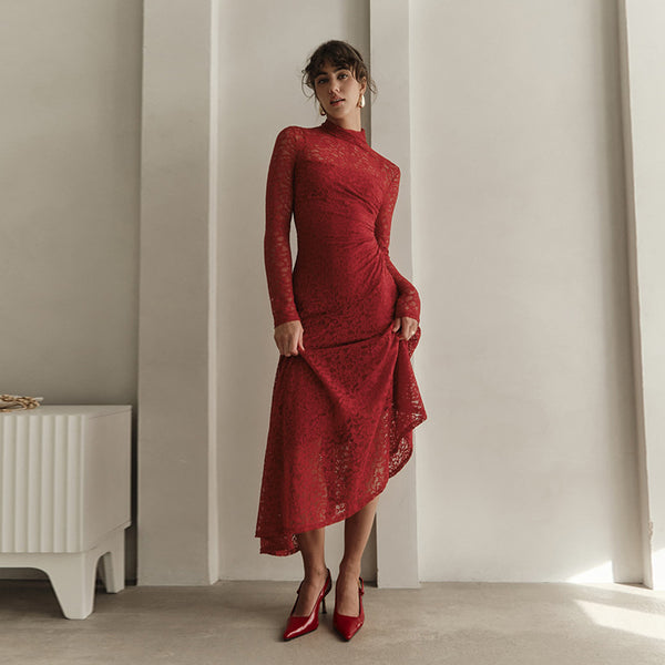Jacquard Lace Sheath Dress with Mock Neck and Long Sleeves