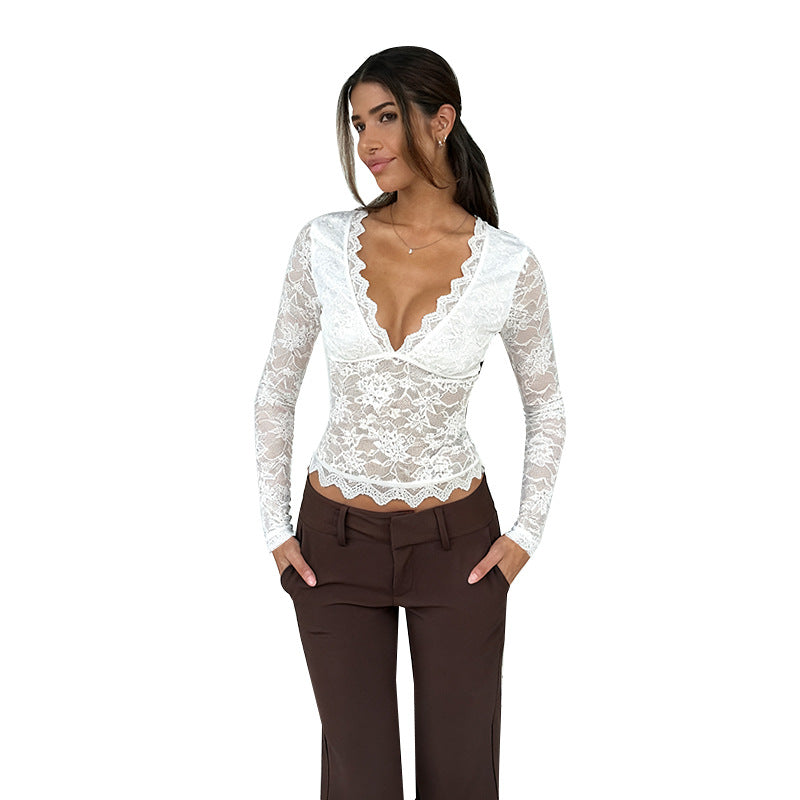 Cropped Floral Lace Top with V-Neck and Scalloped Edges