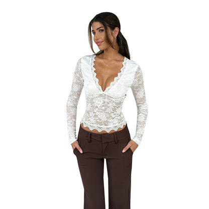 Cropped Floral Lace Top with V-Neck and Scalloped Edges