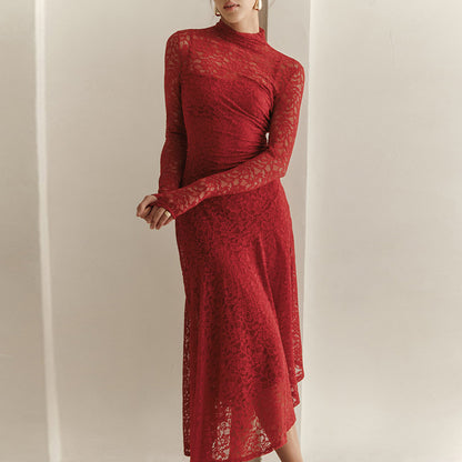 Jacquard Lace Sheath Dress with Mock Neck and Long Sleeves
