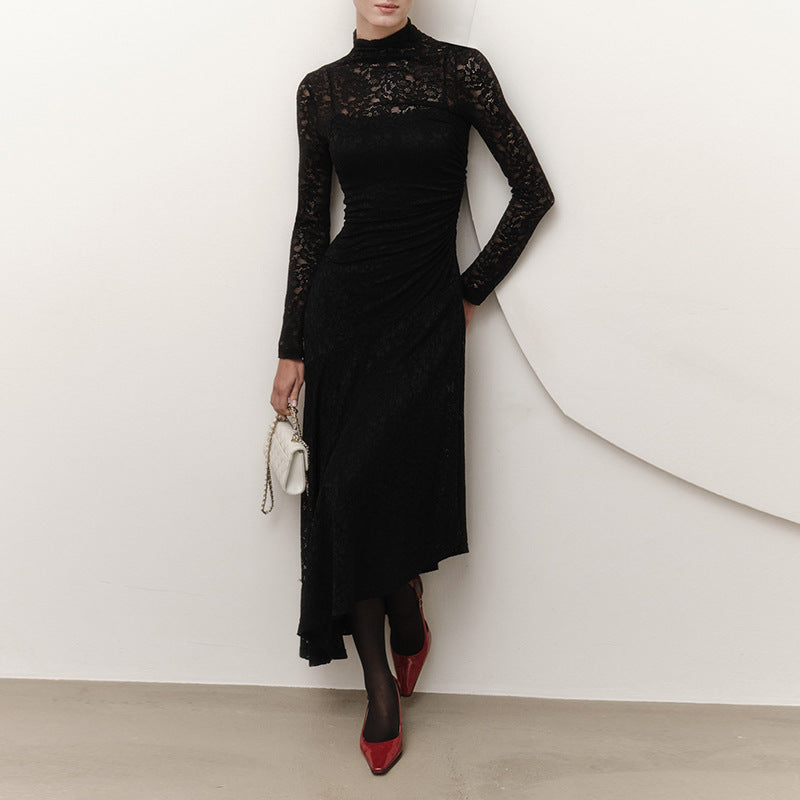 Jacquard Lace Sheath Dress with Mock Neck and Long Sleeves