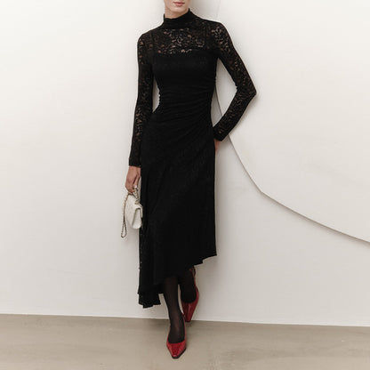 Jacquard Lace Sheath Dress with Mock Neck and Long Sleeves