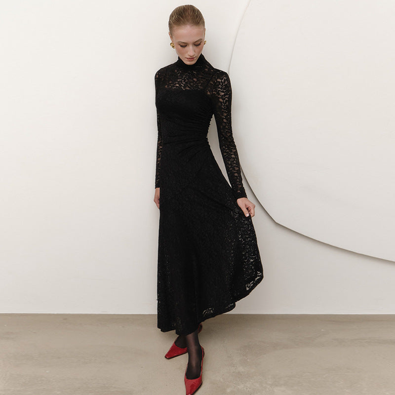 Jacquard Lace Sheath Dress with Mock Neck and Long Sleeves