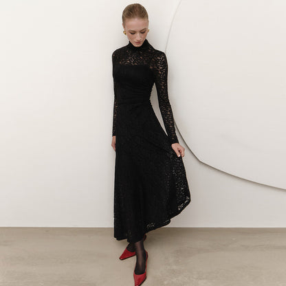 Jacquard Lace Sheath Dress with Mock Neck and Long Sleeves